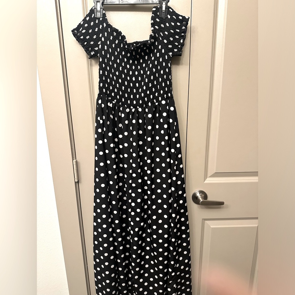 Black with white polka dot off-the-shoulder dress